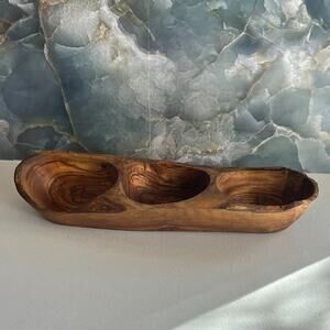 3 Compartment Snack Bowl Natural Acacia Wood Carved